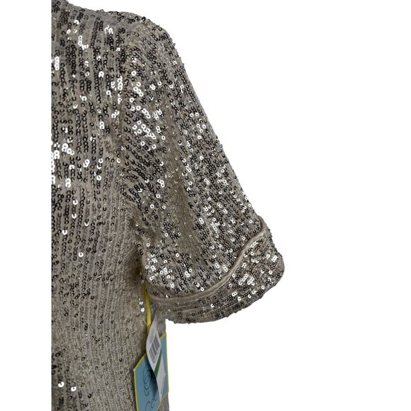 CeCe Champagne Sequin V-Neck Midi Short Sleeve Dress L - Picture 3 of 8